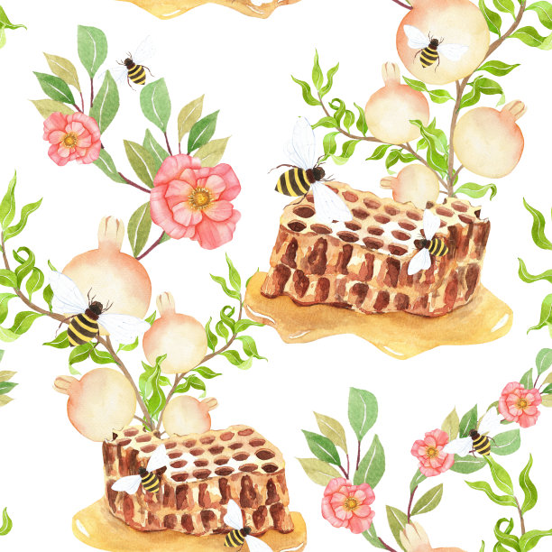 无缝水彩插图蜂房花花朵和叶子与线艺术用于背景纹理，包装纸，纺织贺卡模板或墙纸设计图片下载