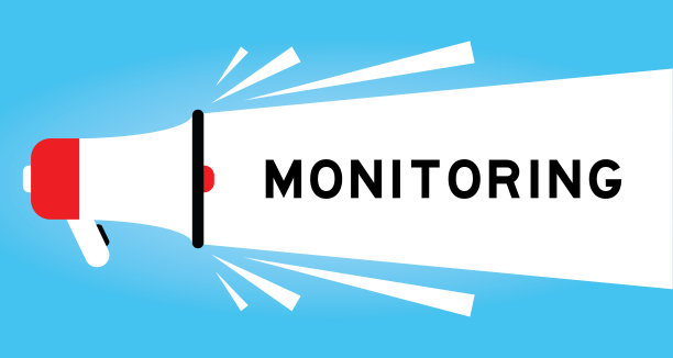 彩色扩音器图标与文字监测在白色横幅上的蓝色背景图片下载