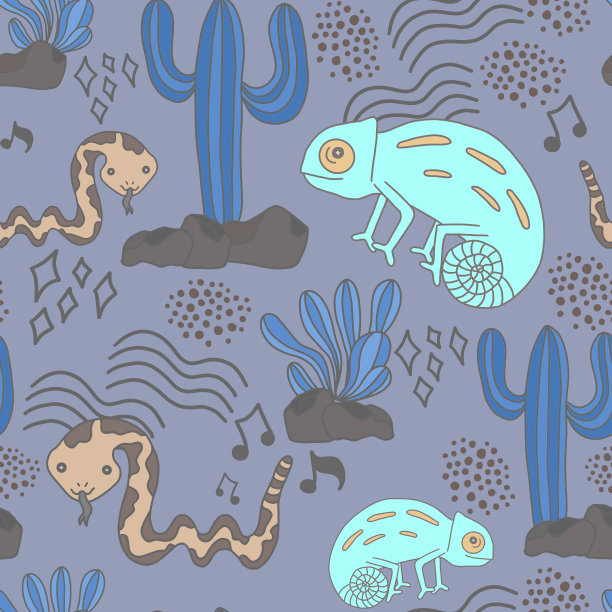 无缝水彩插画变色龙蛇仙人掌沙漠概念用于儿童背景纹理，包装纸，纺织贺卡模板或墙纸设计图片下载
