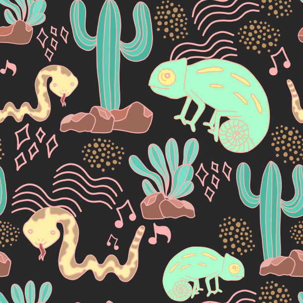 无缝水彩插画变色龙蛇仙人掌沙漠概念用于儿童背景纹理，包装纸，纺织贺卡模板或墙纸设计图片下载