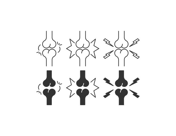 骨质疏松症图标集。关节炎症插图符号。骨头矢量上的疼痛迹象图片下载