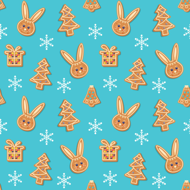 无缝的图案与圣诞姜饼兔，杉树，铃铛，礼品盒和雪花。蓝色背景的圣诞自制饼干。图片下载