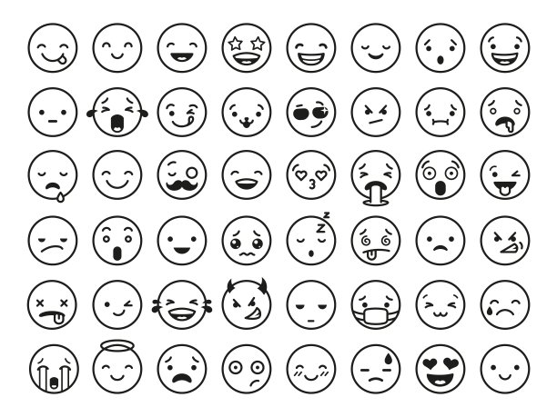 情感的面孔线图标。眨眼，观察各种符号。满足和悲伤，哭泣和微笑的字符。孤立的表达情感整齐的向量集图片下载