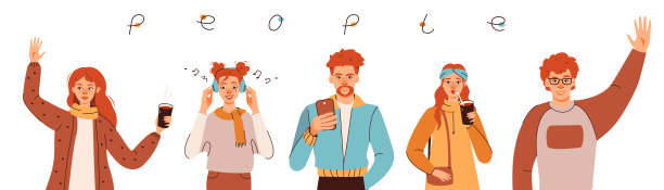 红头发的人。一群穿着时髦衣服的年轻人。男孩和女孩微笑，听音乐，打招呼，喝咖啡。平面矢量照明图片下载