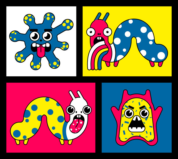 卡通细菌贴纸套装;可爱的怪物角色集合。向量。图片下载