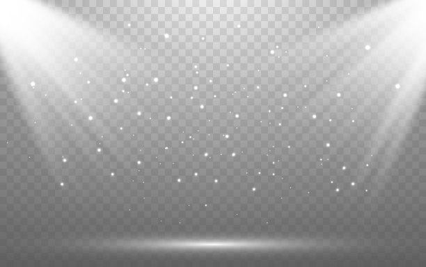 聚光灯的背景。白色明亮的光束在透明的背景。颁奖典礼概念。发光的舞台灯光模板。坠落的银色闪光和散景效果。矢量图图片下载
