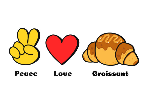 和平，爱，羊角面包概念印t恤。矢量卡通涂鸦线图形插画标志设计。和平标志，心，可颂印刷海报，t恤，标志概念图片下载