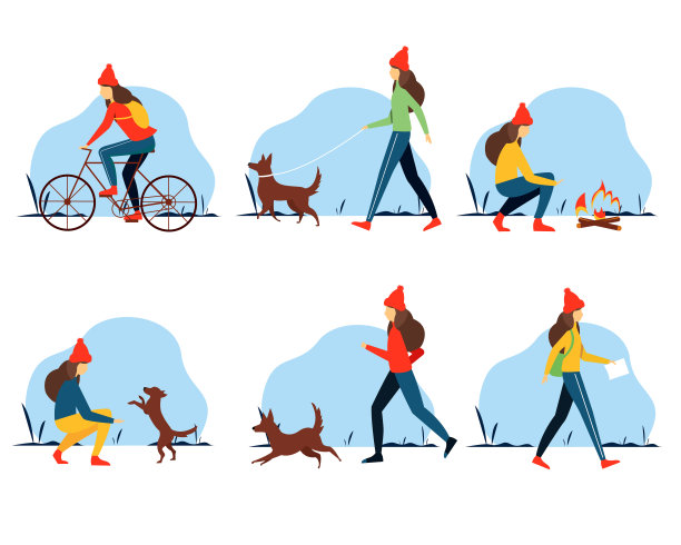 冬季集。年轻女子做不同的户外活动:跑步，骑自行车，遛狗，旅行。积极健康的生活方式理念。图片下载