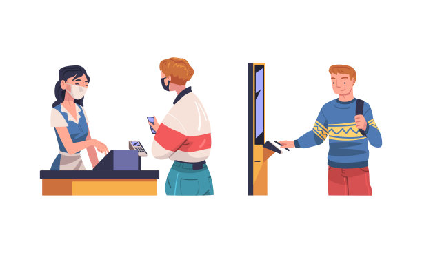 男性和女性角色使用智能手机进行非接触式支付，用于冠状病毒预防载体集图片下载