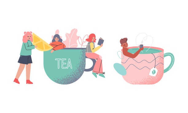 茶时间休息与男人和女人的角色在杯与热饮向量集图片下载