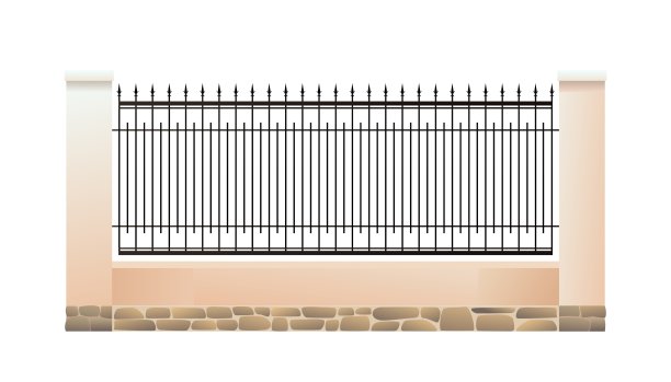 铁栅栏，抹灰砖柱，石基。白色背景隔离矢量。图片下载