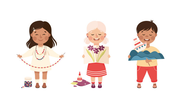 创意男孩和女孩显示珠子项链和纸贴花手工项目向量集图片下载