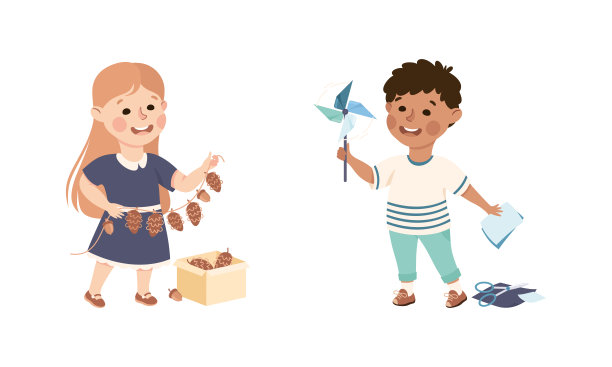 创意男孩和女孩展示杉木锥花环和风车手工制作的项目向量集图片下载