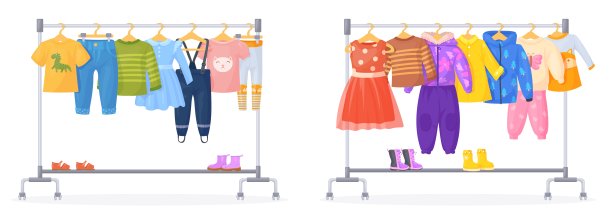 儿童衣架。童装挂在婴儿店或儿童衣柜的衣架上，时尚外套，裤子，衣架为衣柜出售商店或儿童服装慈善机构，整洁的矢量插图图片下载