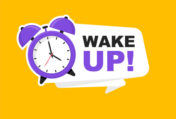 带横幅的闹钟唤醒。起床时间徽章。闹钟响了。早上的时间。矢量插图。图片下载