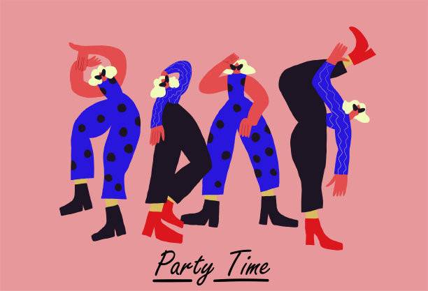 与俏皮时尚人士的派对明信片。时尚博主摆出各种姿势，模特摆出各种姿势。时尚网红概念图片下载