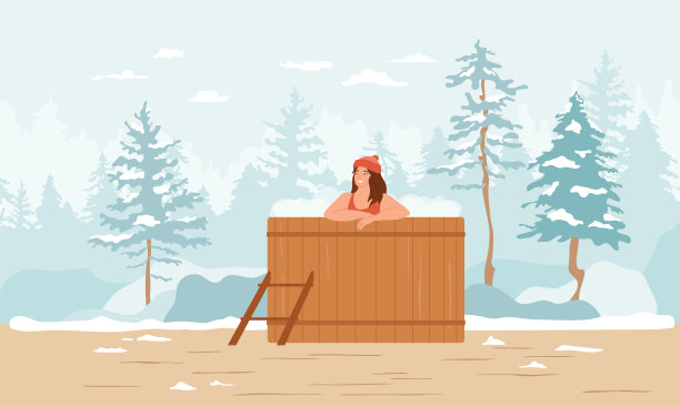 冬日森林里泡热水澡的女性。病媒插图，卫生保健概念。图片下载