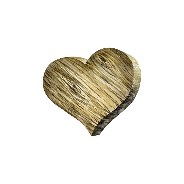 木心。水彩插画手工绘制的心形木质纹理。在白色背景上隔离。图片下载