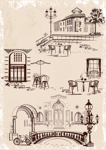 以鲜花、老城区景色和街头咖啡馆装饰的系列背景。矢量建筑背景与历史建筑。图片下载