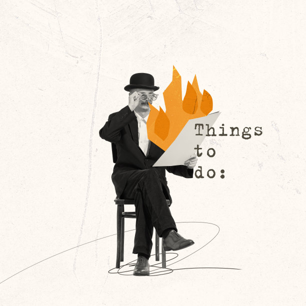 当代艺术拼贴。复古风格的创意设计。西装革履的时髦男士正在烧纸上整理待办事项。最后期限图片下载