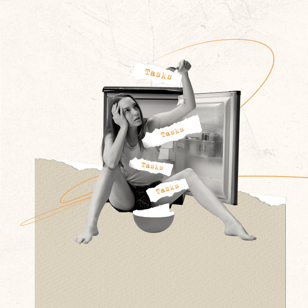 当代艺术拼贴。复古风格的创意设计。一个女人坐在冰箱旁边，把面粉倒进碗里，象征着最后期限的到来图片下载