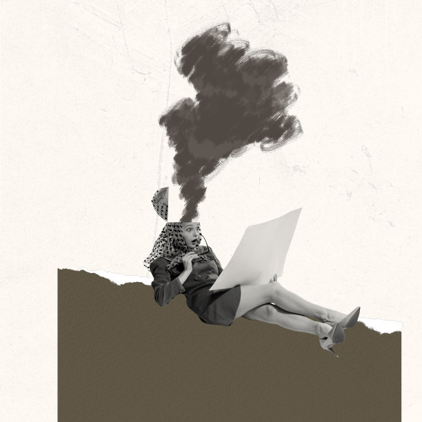 当代艺术拼贴。复古风格的创意设计。年轻时髦的女人看着纸，头烧着。最后期限图片下载