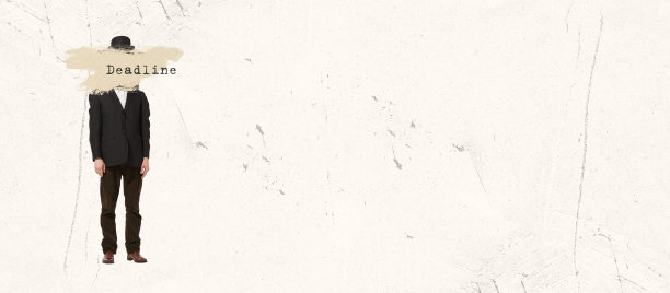 当代艺术拼贴。复古风格的创意设计。穿着正装，戴着写着截止日期的帽子的男人遮住了眼睛图片下载