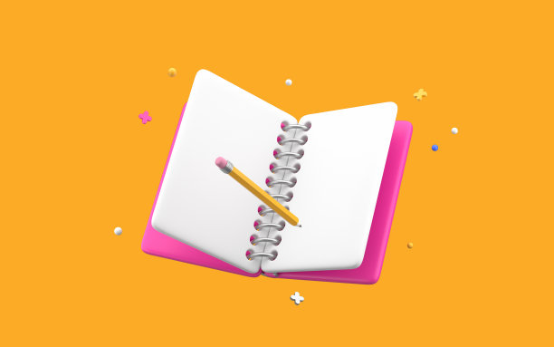 用铅笔清空记事本。粉色封面的笔记本写笔记。黄色背景的3d渲染。图片下载