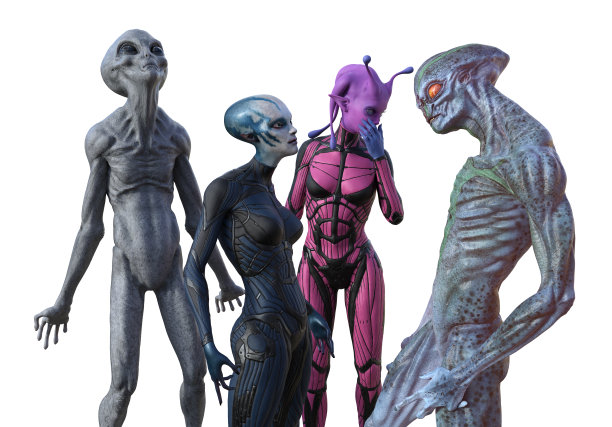 四个外星人在白色背景上摆出不同姿势的3d插图图片下载