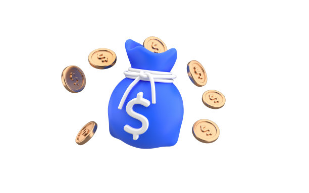 蓝色钱袋与美元的概念。现金、利率、商业与财务、投资回报、财务解决方案、预付与首付概念。3d渲染孤立的白色背景。图片下载