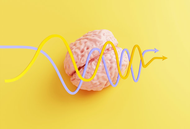 黄色背景上的人类粉色大脑模型，最小概念，3d插图图片下载