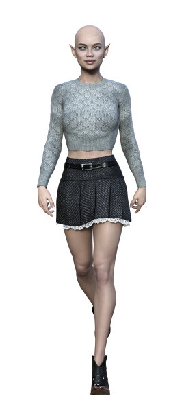 3d插图，一个秃顶的女外星人尖耳朵穿着裙子和毛衣向前走图片下载