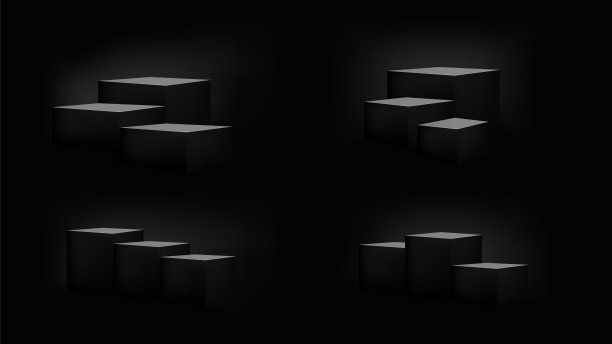黑色漂亮，逼真的立方体供收藏。深色的讲台展示场景背景。带有聚光灯的最小盒子平台展示厅。图片下载