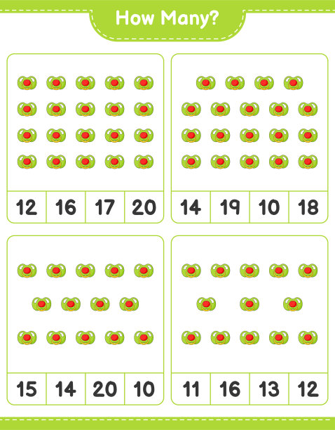 数数游戏，多少个奶嘴。教育儿童游戏，可打印的工作表，矢量插图图片下载