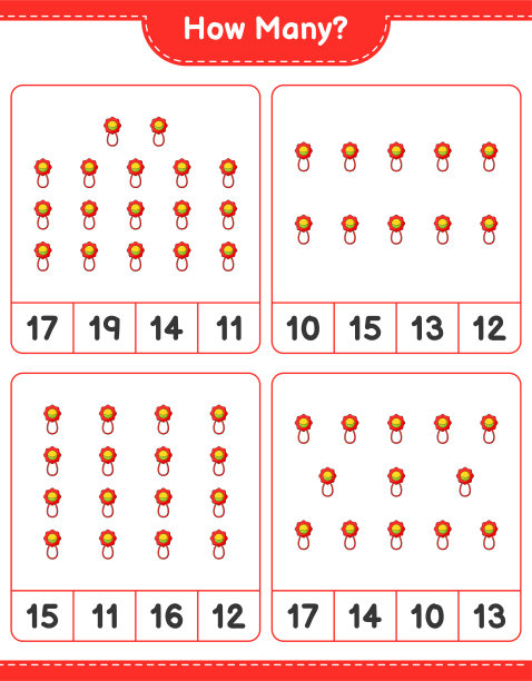 数数游戏，有多少拨浪鼓宝宝。教育儿童游戏，可打印的工作表，矢量插图图片下载