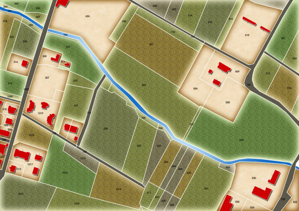 想象地籍地图的领土，一个农村地区的建筑，道路，田地和地块图片下载