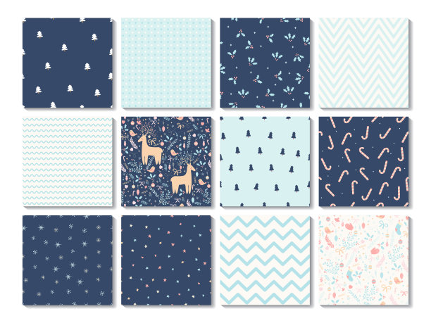 圣诞快乐，新年快乐。无缝模式的集合。一套无缝的背景雪花，松树，鹿，花卉元素。图片下载