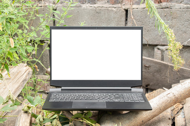 笔记本电脑白色屏幕放在公园的木桌上，在阳光下绿色模糊的背景上，笔记本电脑在公园的街道上，在电脑前工作图片下载