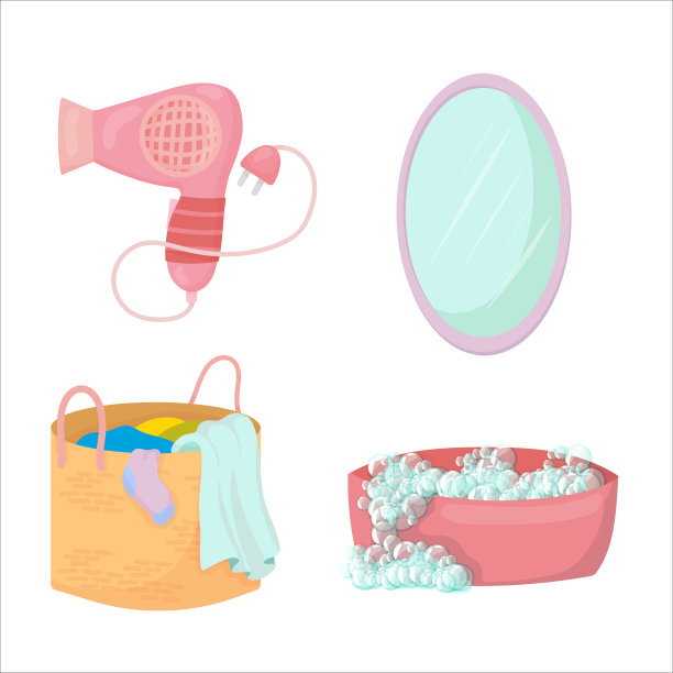 一套浴室用品。沐浴、毛巾、护肤及个人卫生用化妆品。洗涤剂。白色背景上的矢量插图。图片下载