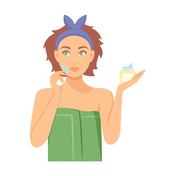 卡通女孩做护肤日常矢量插画。女性角色使用天然产品对抗脸上的粉刺，抗皱化妆品隔离在白色背景图片下载