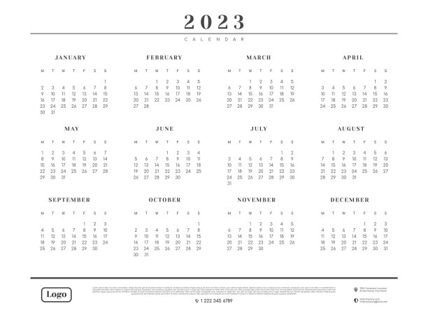 2023日历模板，公司联系方式和标志的位置。矢量布局的墙壁或桌面简单日历与周开始星期一。图片下载