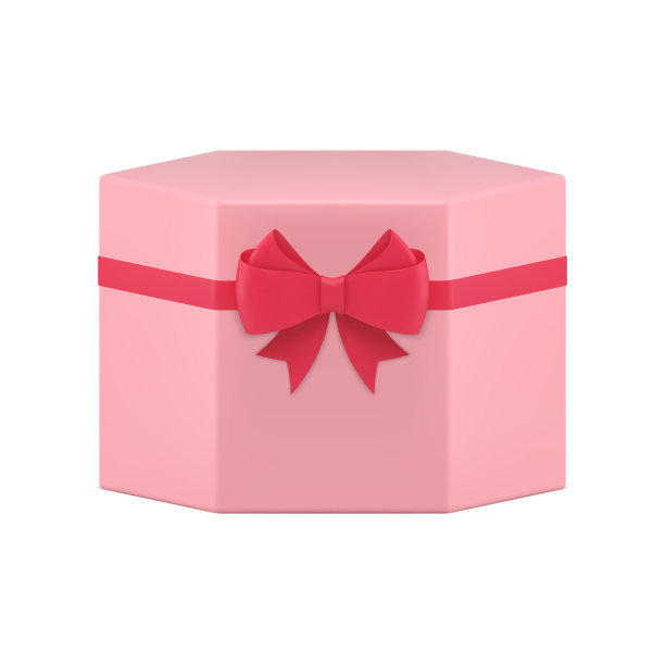 粉色六边形礼盒系红色蝴蝶结丝带装饰假日容器3d图标现实矢量图片下载