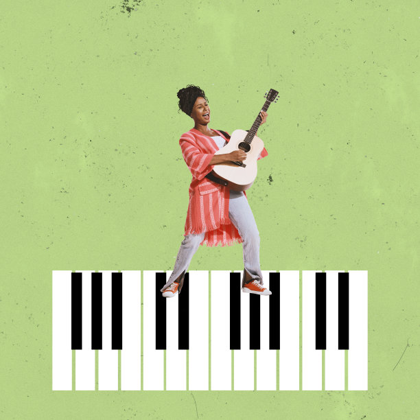 音乐家。时尚的情感女人在抽象的背景弹奏吉他。杂志风格的拼贴或设计。艺术，创意，音乐，摇滚，摇滚和复古风格的概念图片下载