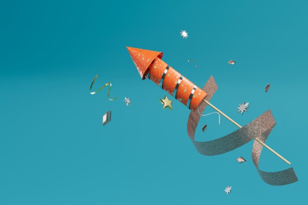 节日的烟火。红色礼炮，蓝色背景上有五彩纸屑和金色丝带。三维渲染图片下载