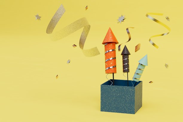 向节日致敬。黄色背景上有火箭和五彩纸屑的盒子。三维渲染图片下载