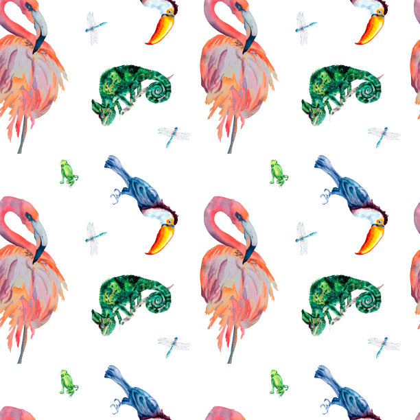 热带鸟类和动物水彩无缝图案在白色背景。图片下载