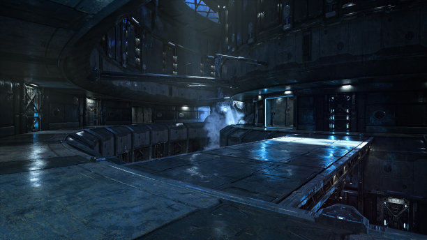 黑暗、忧郁、大气的科幻空间站环境。3 d演示。图片下载