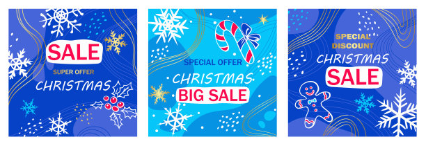 一套方形海报与圣诞折扣在天蓝色。覆盖雪花，斑点，冬青浆果，姜饼人，焦糖甘蔗。社交媒体，横幅，卡片的节日模板。图片下载