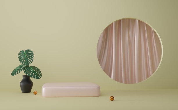 玫瑰色的讲台空与米色的窗帘组成的现代舞台展示，抽象的橱窗背景，概念3d插图或3d渲染图片下载