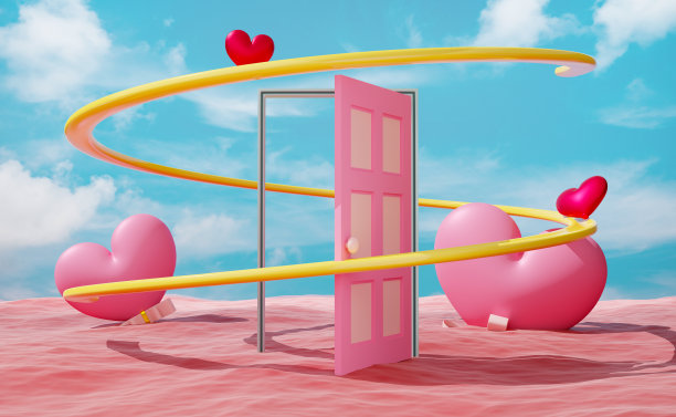 打开门和心形气球与超现实的红海景观和蓝天，抽象的最小背景，3d插图或3d渲染图片下载